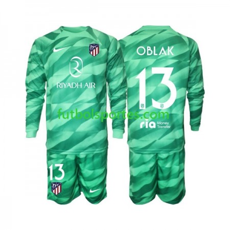 Camiseta Atlético Madrid Jan Oblak 13 Portero Niño Segunda Equipación Verde 2023/2024 Manga Larga